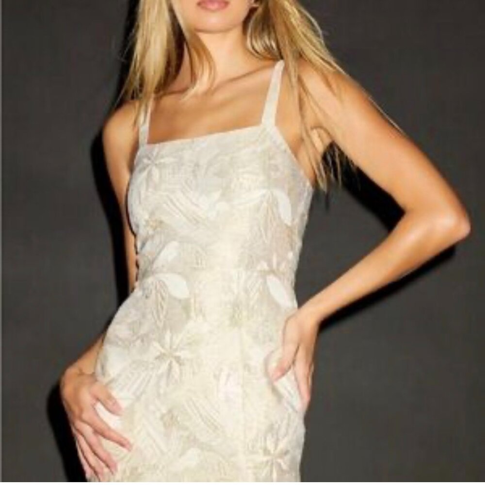 Lulus shine for us cream and gold metallic tropical jacquard mini dress